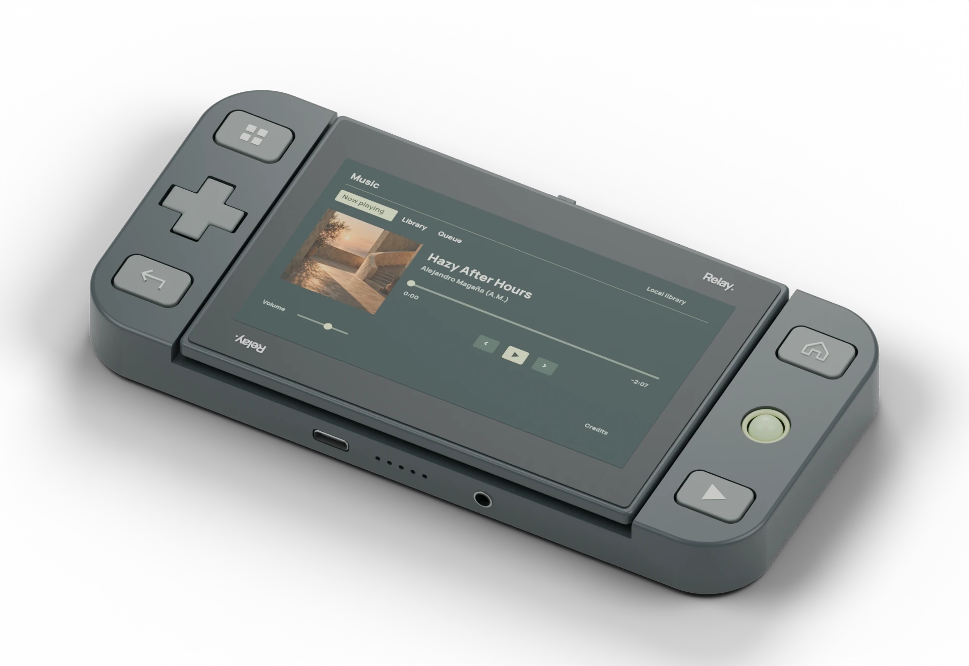 R8 design render with the display covering the keyboard, D-pad on the left and trackball on the right.