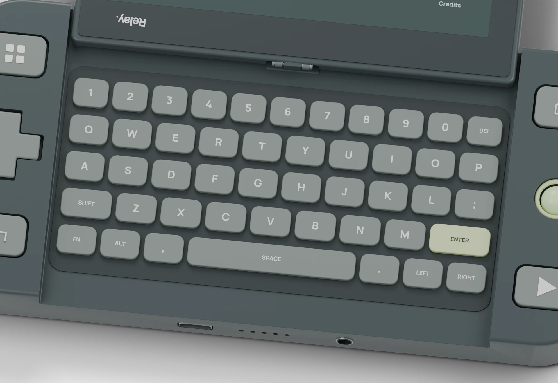 Close design render of the five-row physical keyboard and its enlarged printed legends.