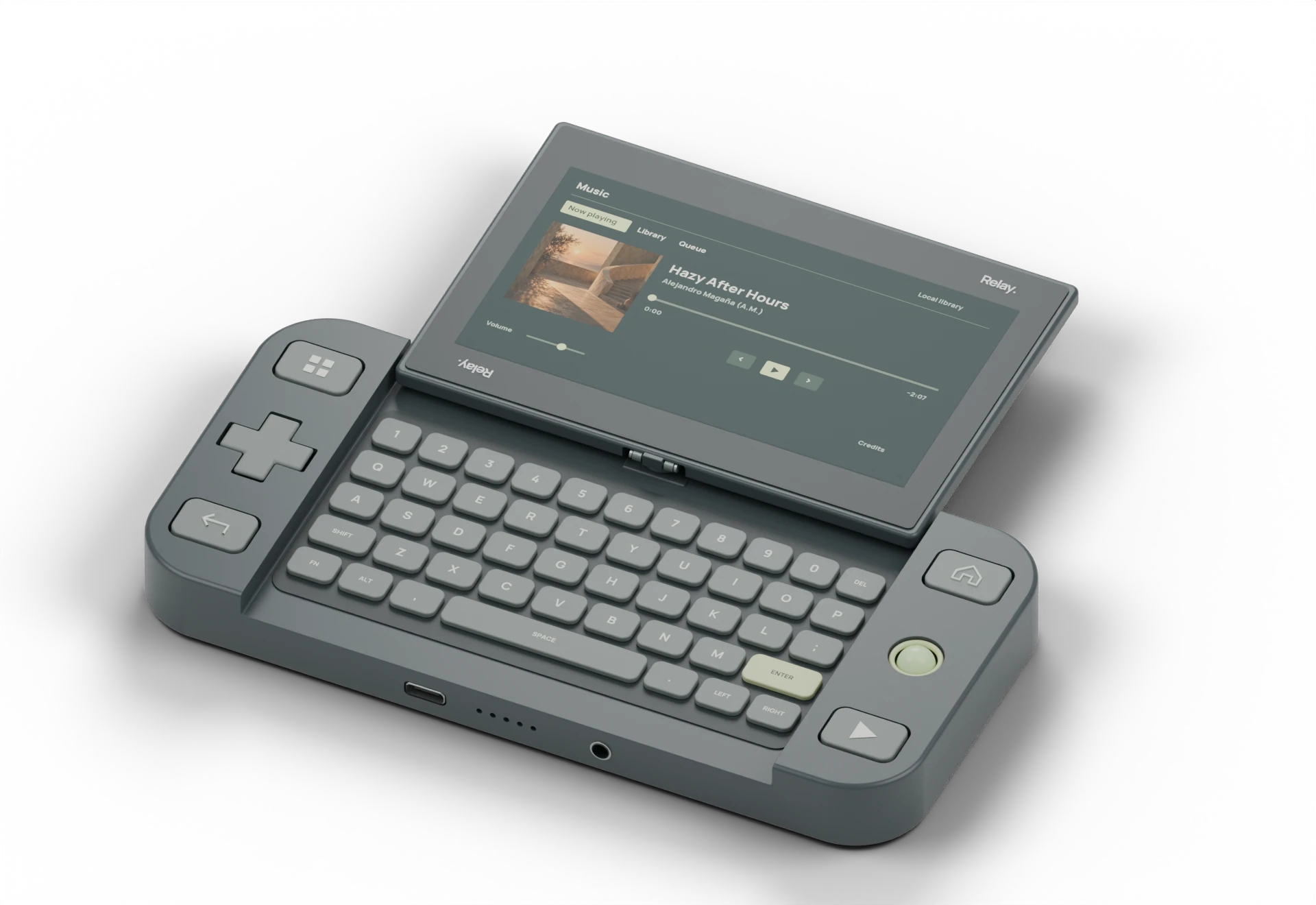 R8 design render with the display rotated upward to reveal five keyboard rows.