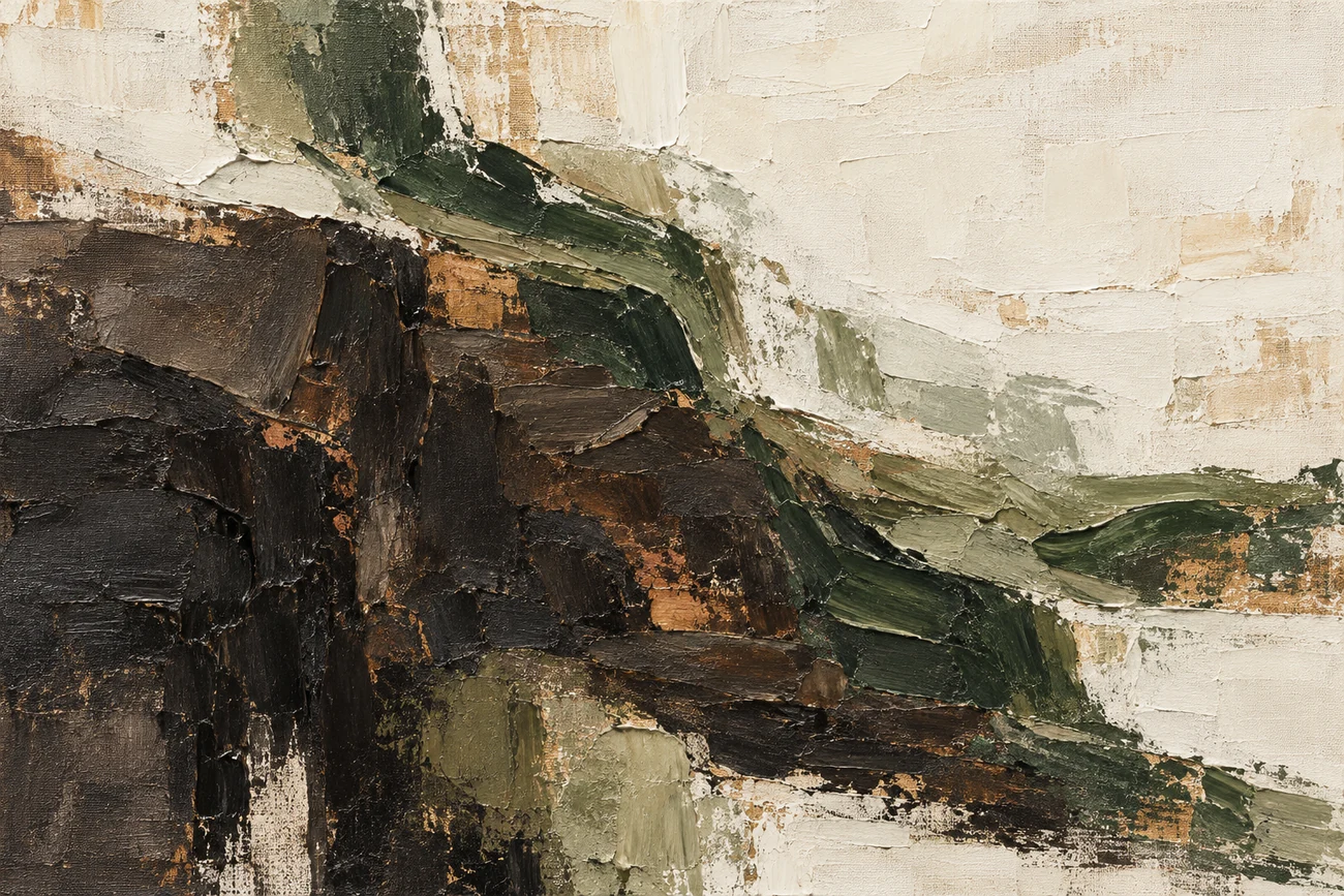 Abstract painting with forest-green and olive strokes bending around dense charcoal and umber layers into open warm-white space.